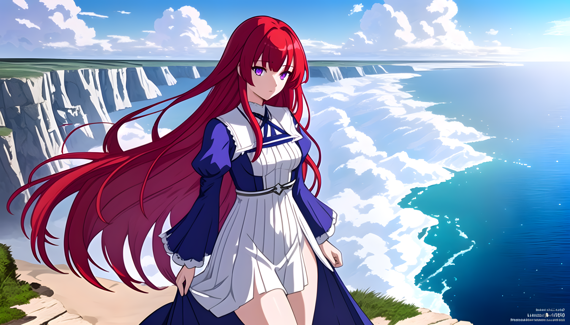 AI Art anime girl: red-haired girl in a blue-and-white dress stands on a cliff overlooking a sunlit ocean and clouds — 5K Ultra HD PC desktop wallpaper/background.