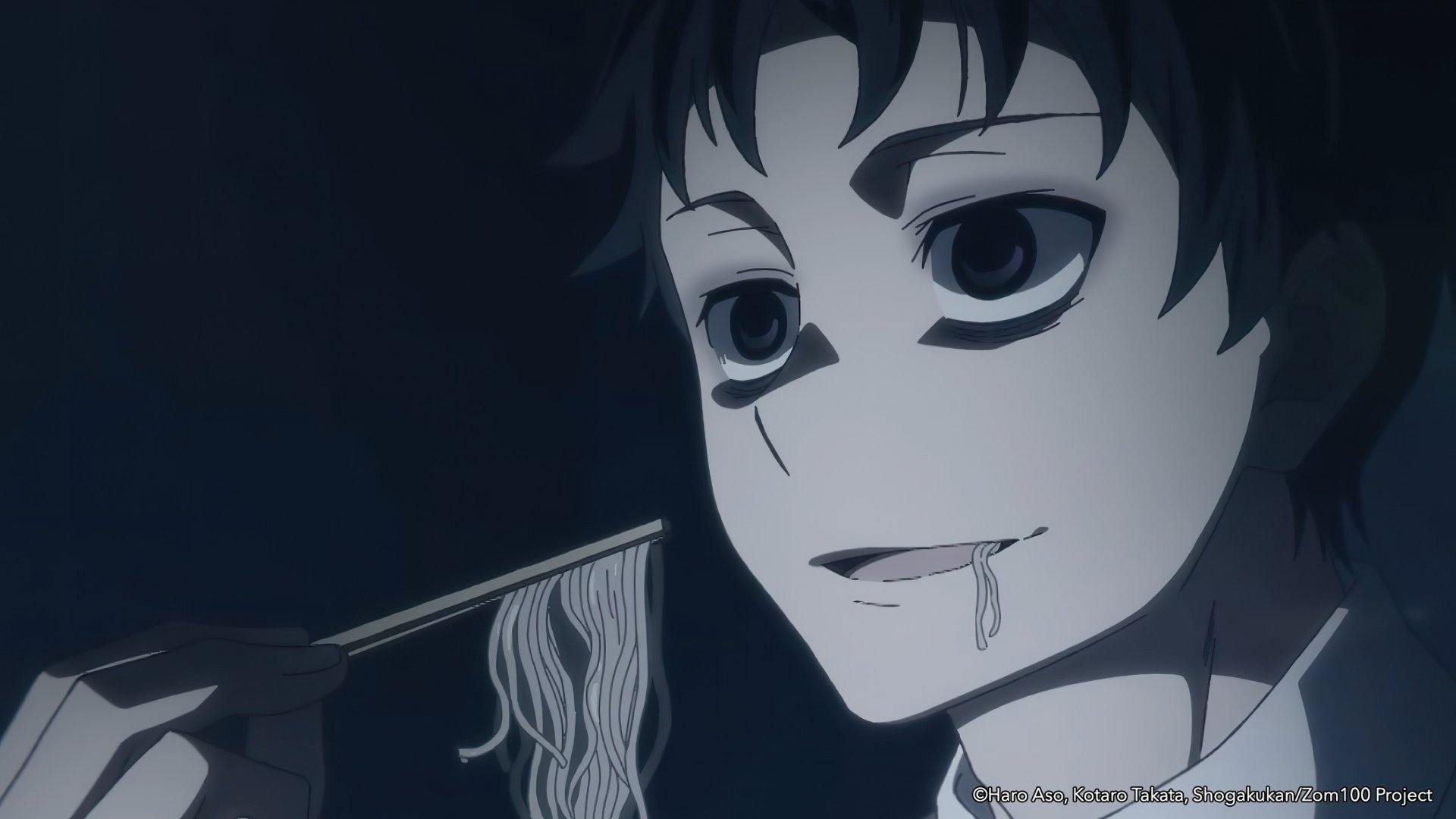 HD desktop wallpaper featuring Akira Tendo from 'Zom 100: Bucket List of the Dead' anime, depicted eating noodles in a dark setting.