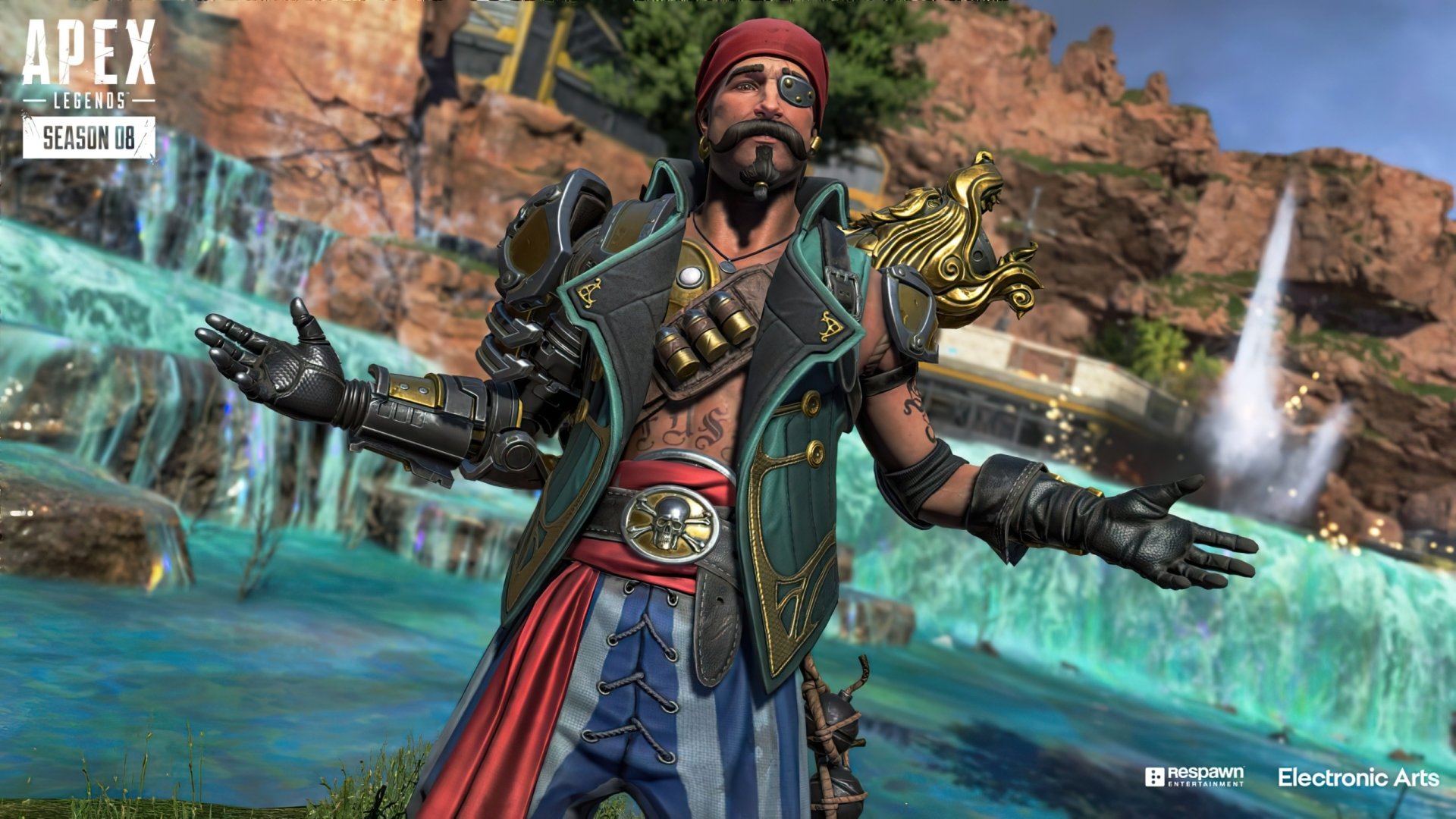 HD wallpaper of Fuse from Apex Legends, featuring the character with a robotic arm, standing confidently in front of a waterfall background.