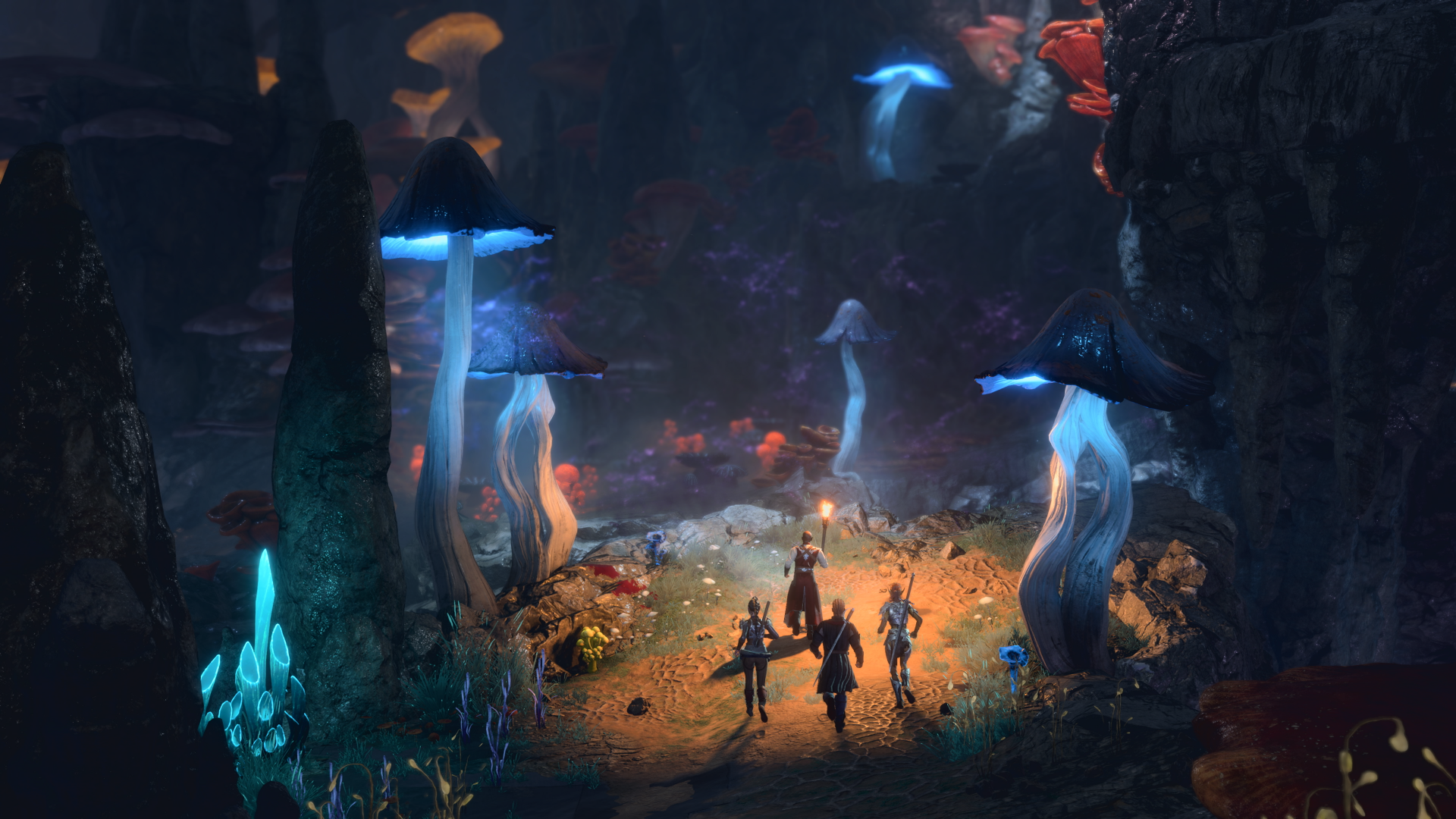 HD desktop wallpaper featuring a mystical scene from Baldur's Gate 3 with adventurers exploring an otherworldly, luminous underground environment, surrounded by towering mushrooms and vibrant flora.
