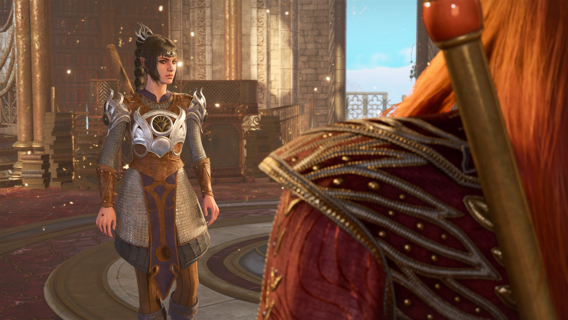 Baldur's Gate 3 HD wallpaper featuring a detailed character in armor inside a grand hall with sunlight streaming in.