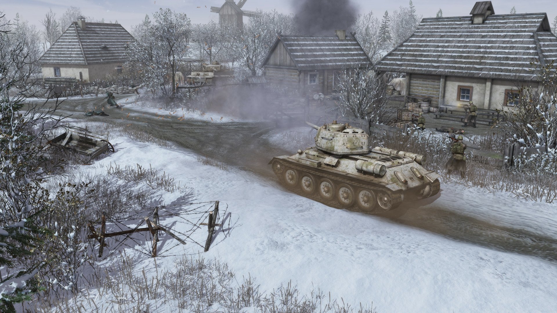 HD Wallpaper of Men of War II featuring a detailed scene with a tank on a snowy road amidst war-torn village buildings.