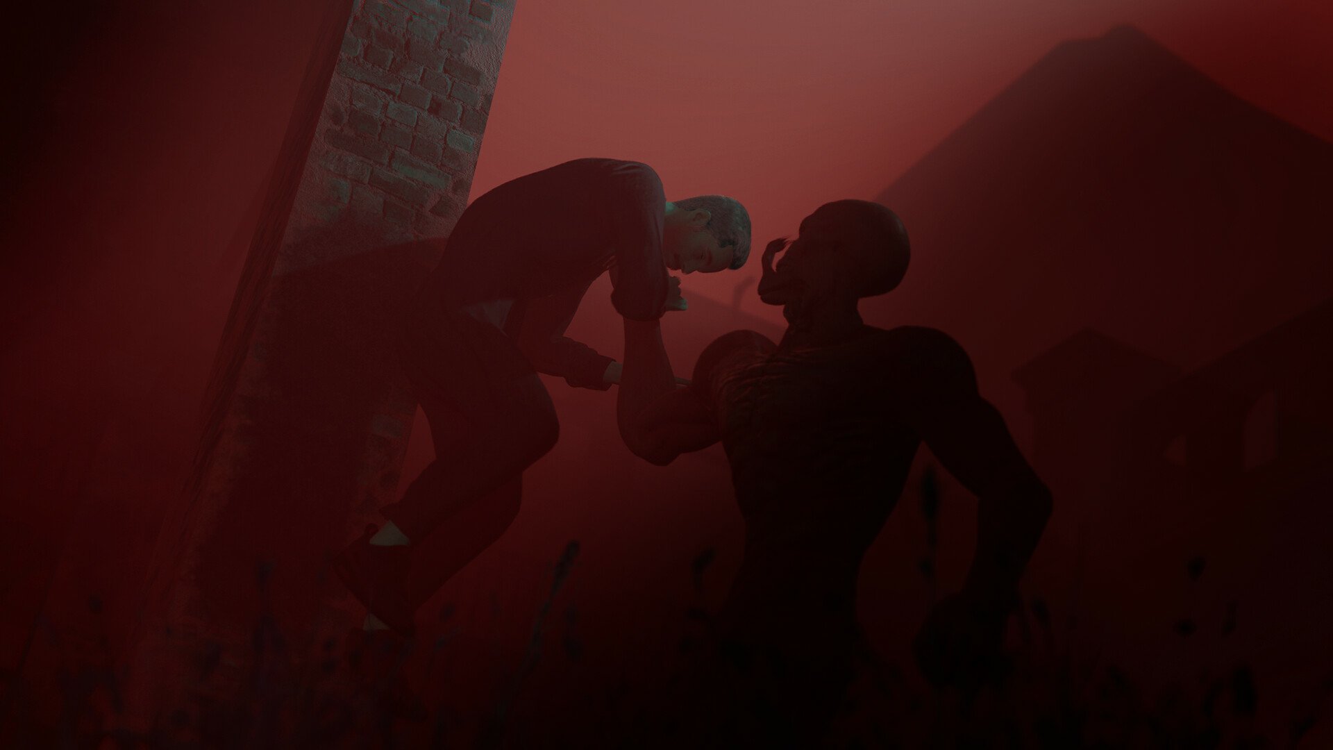 Silhouette of two figures in a confrontation against a red misty backdrop, Deceit 2 themed HD desktop wallpaper and background.