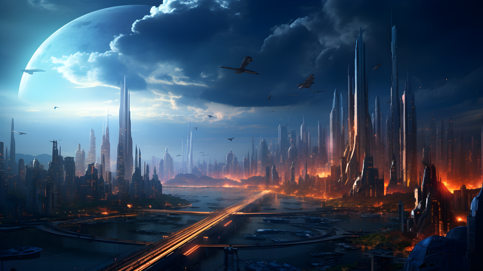 A futuristic cityscape under a glowing super moon, featuring towering skyscrapers and a vibrant night sky, rendered in detailed AI art for a 4K Ultra HD desktop background.