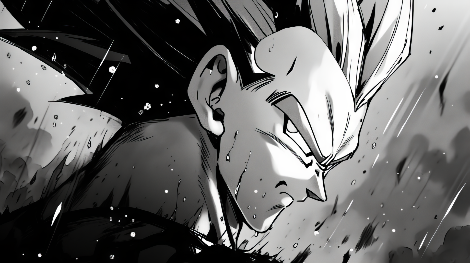 HD wallpaper featuring a dark, intense close-up of Vegeta from Dragon Ball Z, styled in dramatic black and white manga art.