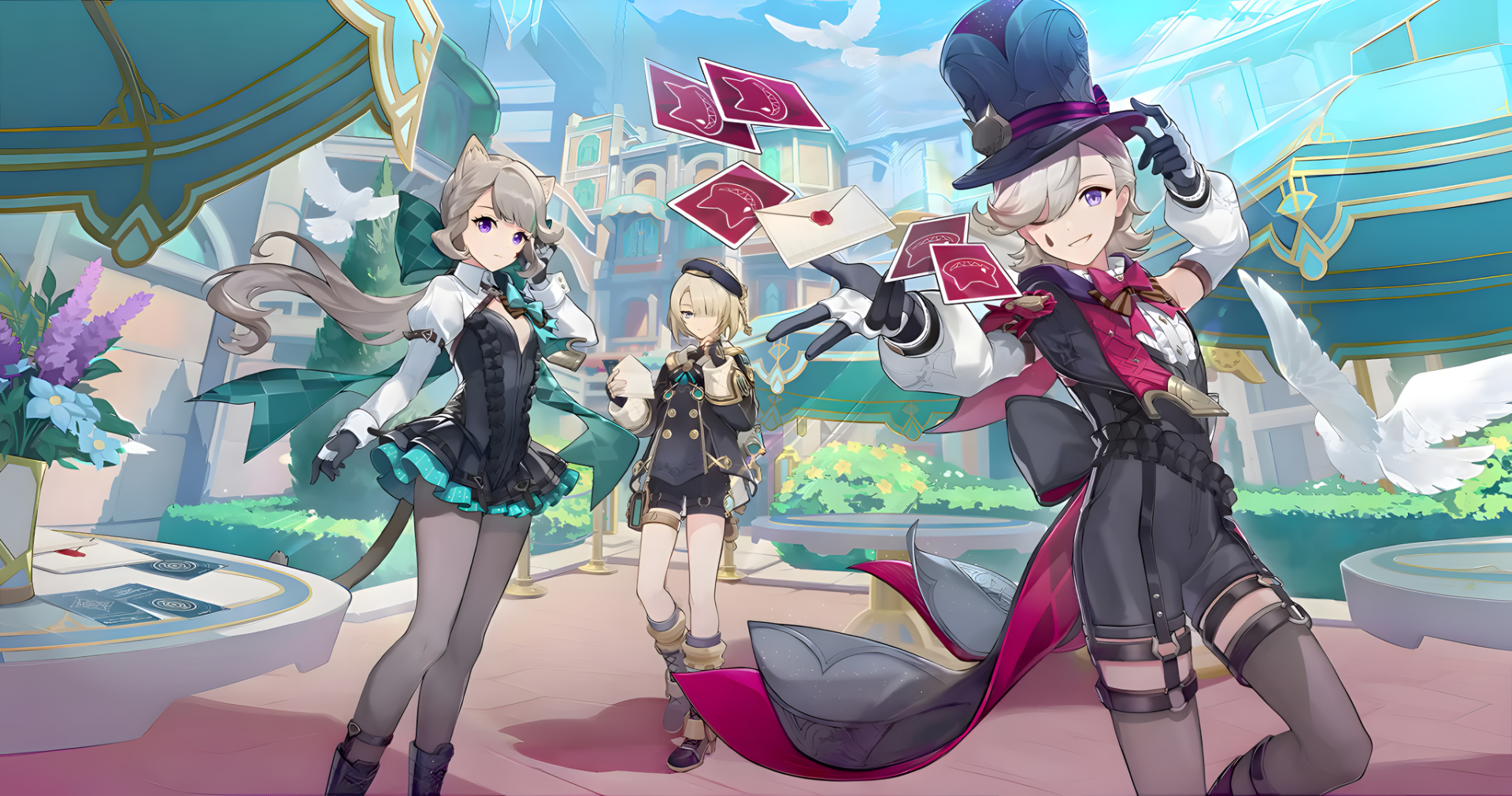 HD wallpaper featuring Lyney and Lynette from Genshin Impact with Freminet in the background for desktop.
