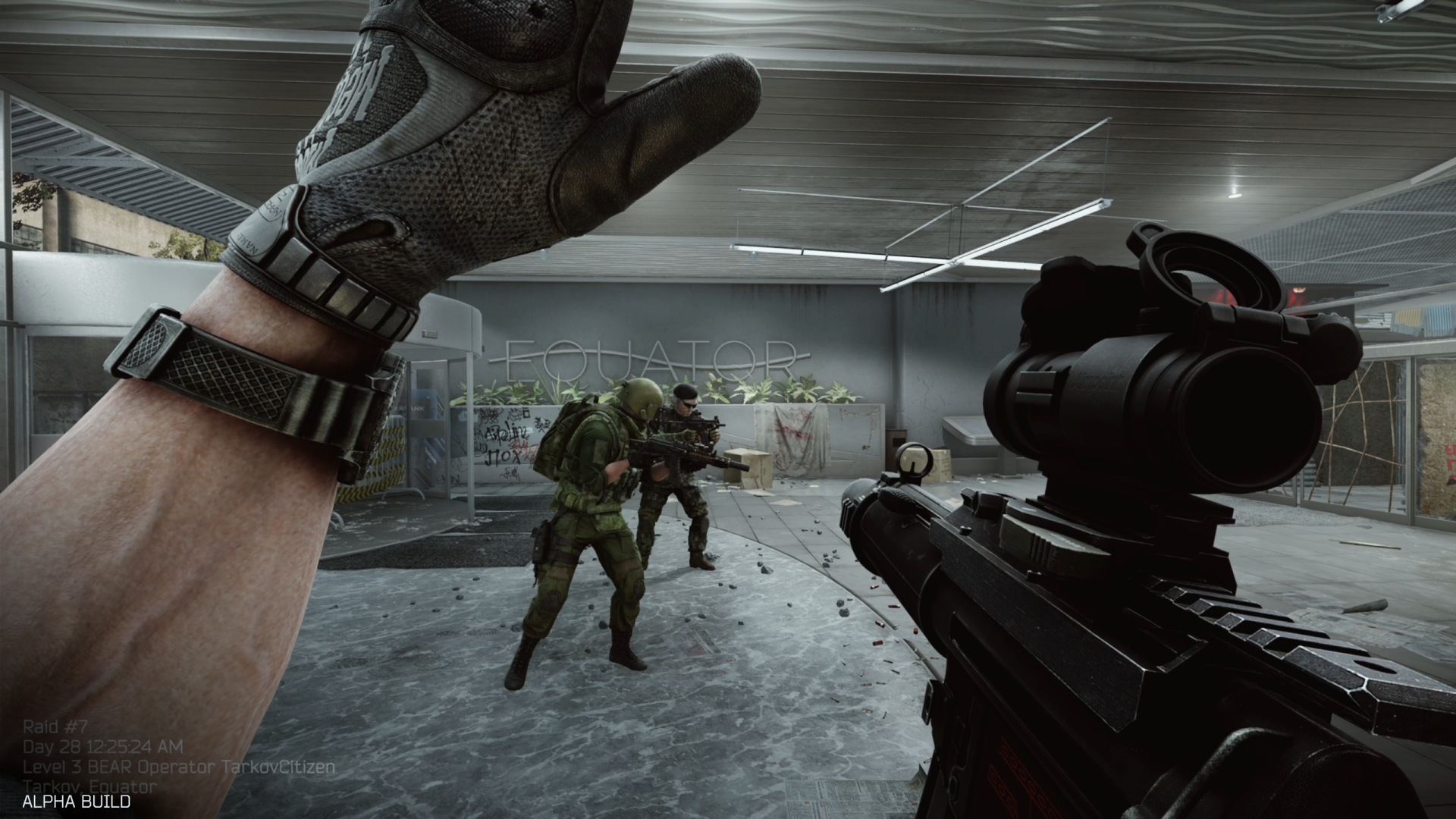HD desktop wallpaper featuring a first-person viewpoint from Escape from Tarkov: Arena with a focus on a gun's scope and a gloved hand signaling to another player.