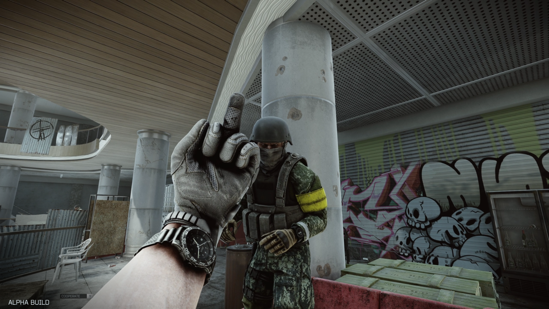 HD desktop wallpaper of Escape from Tarkov: Arena showing a first-person view of a player character gesturing in a gritty urban setting with another character in tactical gear.