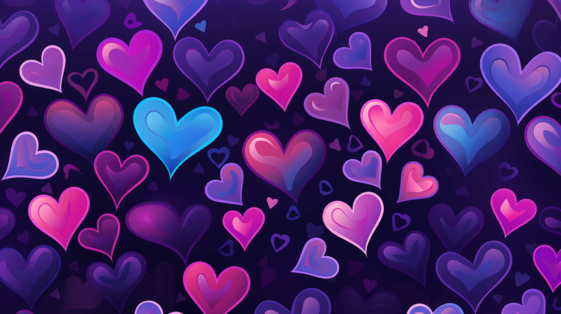 HD desktop wallpaper featuring a vibrant pattern of artistic, Y2K-style hearts in varying shades of pink, purple, and blue on a dark background.