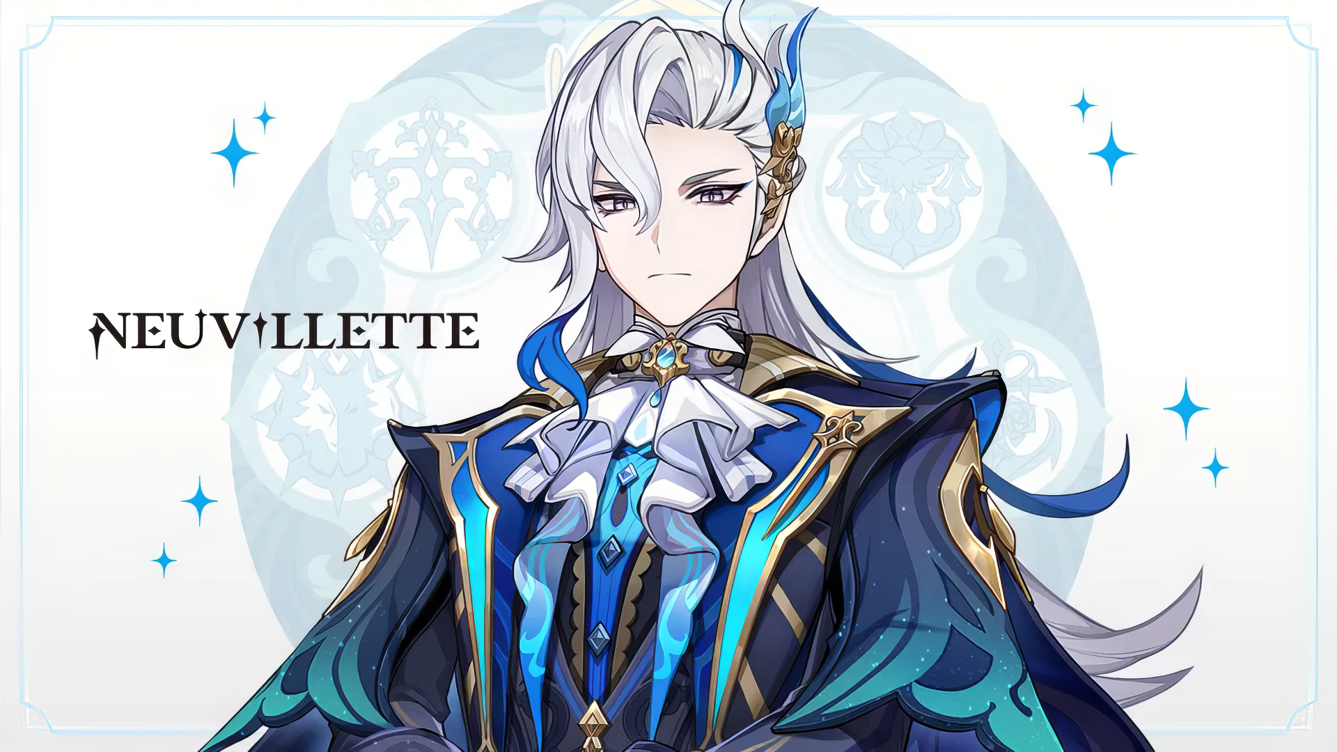 HD desktop wallpaper of Neuvillette from Genshin Impact, featuring a detailed portrait with a blue and white outfit set against a light, ornate backdrop.