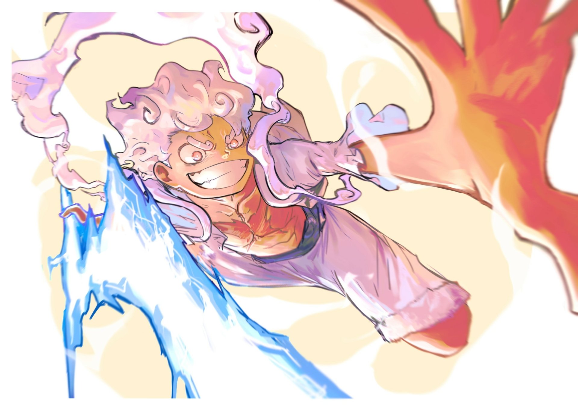 HD desktop wallpaper of Monkey D. Luffy in Gear 5 form from the anime One Piece, showcasing dynamic action and vibrant effects.