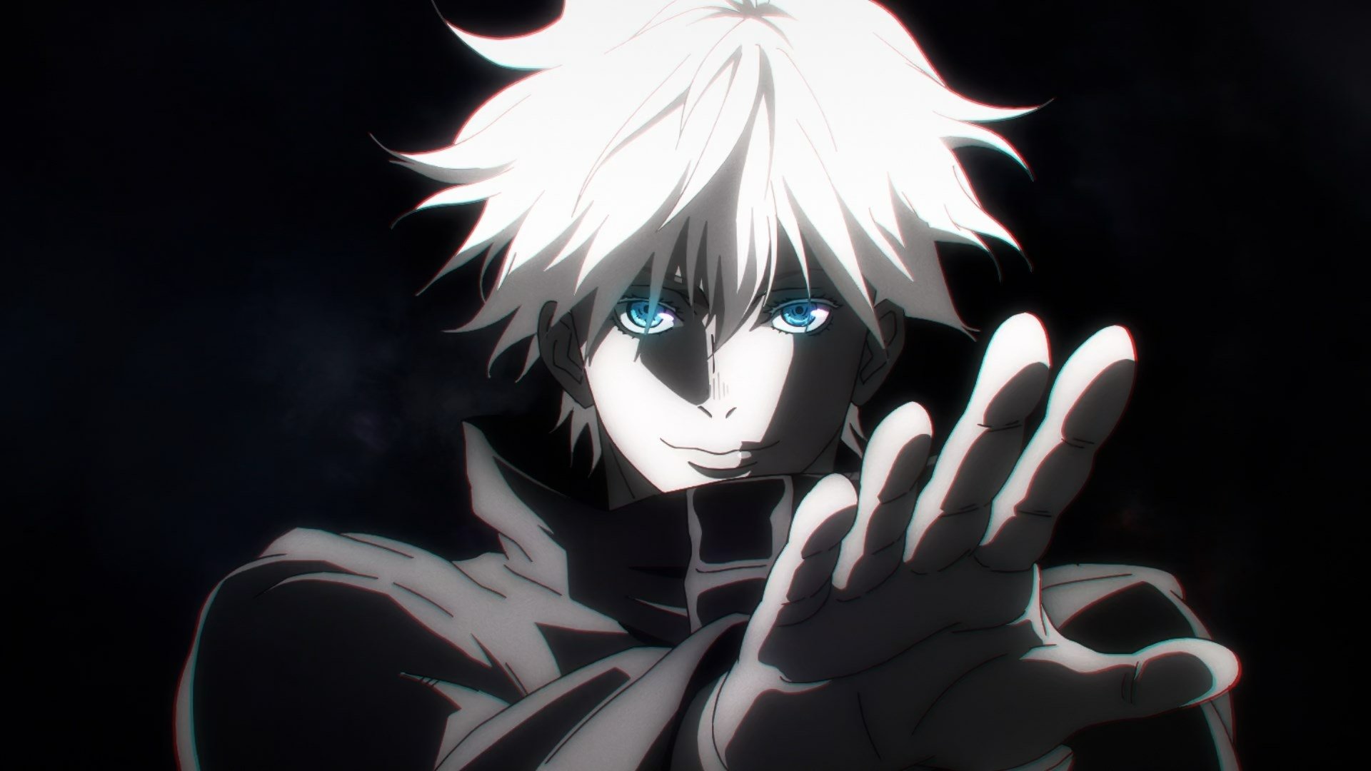 HD PC desktop wallpaper featuring Satoru Gojo from the anime Jujutsu Kaisen, showcasing his striking blue eyes and white hair against a dark background.