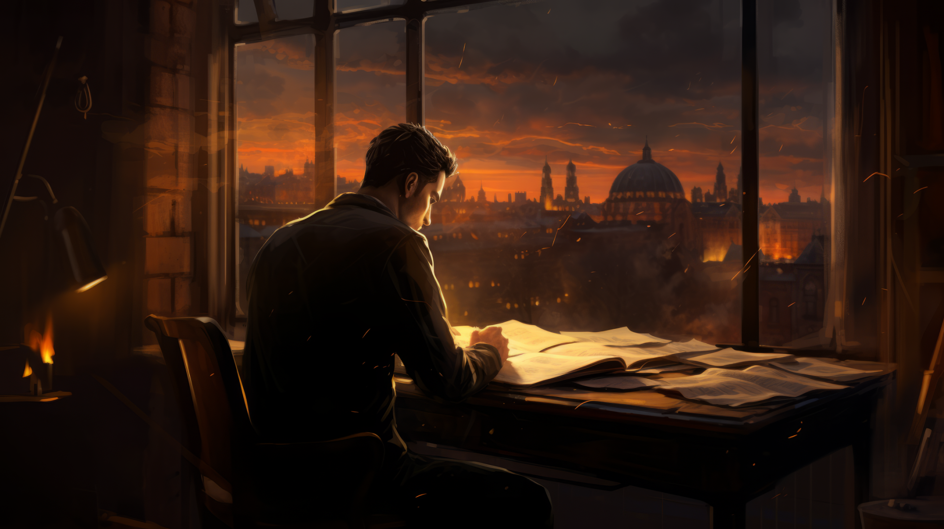 A man reading at a desk before a window overlooking a city skyline at sunset, depicted in a high-definition desktop wallpaper.