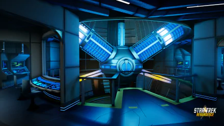 A futuristic interior scene from the video game Star Trek: Resurgence, featuring a high-tech control room with glowing blue lights and sleek design elements. HD desktop wallpaper.