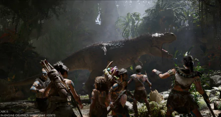 HD wallpaper featuring a group of survivors confronting a T-Rex in the lush jungle setting of ARK 2 video game.