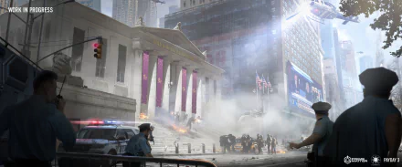 A dynamic scene from the video game Payday 3, featuring a chaotic urban environment with smoke, police, and a dramatic backdrop, designed as an HD desktop wallpaper.