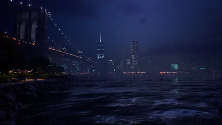 HD desktop wallpaper for Payday 3 showcasing a nocturnal cityscape with bridge and calm waters.