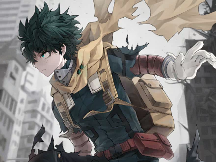 HD PC desktop wallpaper featuring Izuku Midoriya from the anime My Hero Academia in action, showcasing his determined expression and detailed hero costume.