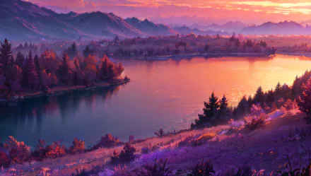 HD fantasy landscape wallpaper featuring a picturesque river at sunset. The scene is bathed in purple hues, with distant mountains and lush trees reflecting in the tranquil water.