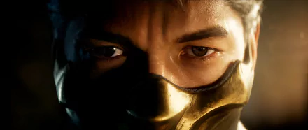 HD wallpaper featuring close-up of a Mortal Kombat ninja character in golden mask for desktop background.