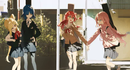 4K Ultra HD wallpaper featuring anime characters Hitori Gotou, Ikuyo Kita, Ryou Yamada, and Nijika Ijichi from Bocchi the Rock! in a bright, outdoor scene.