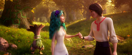 HD desktop wallpaper featuring characters from Mavka: The Forest Song in a sunlit forest scene.