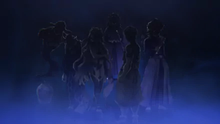 HD PC desktop wallpaper: dark blue, mist-shrouded silhouettes of Kokushibo, Hantengu, Daki and Akaza from Demon Slayer: Kimetsu no Yaiba anime.