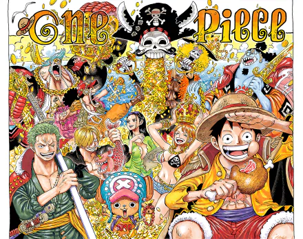 HD desktop wallpaper featuring colorful One Piece anime characters, including Luffy and other pirates, in a lively, detailed illustration.