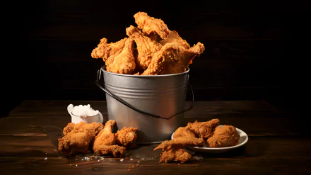A bucket overflowing with crispy fried chicken, surrounded by pieces on a plate and scattered on a wooden table, serves as an enticing HD desktop wallpaper.