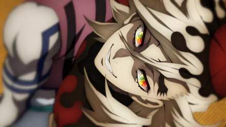 HD PC desktop wallpaper featuring Doma from the anime Demon Slayer: Kimetsu no Yaiba with intense multicolored eyes and a distinctive horned mask.