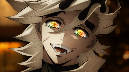 HD anime desktop wallpaper featuring Doma from Demon Slayer: Kimetsu no Yaiba with glowing eyes and a sinister smile.