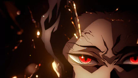 HD PC desktop wallpaper featuring Muzan Kibutsuji from the anime Demon Slayer: Kimetsu no Yaiba, highlighting his intense red eyes and dark, shadowy ambiance.