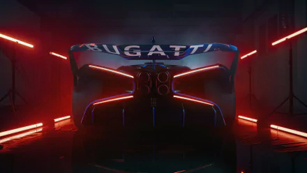 Rear view of a Bugatti Bolide in a dark, neon-lit setting, showcased as a 4K Ultra HD PC desktop wallpaper and background.