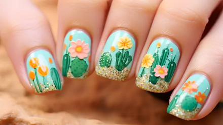 A close-up of a woman’s manicured nails featuring colorful summer-themed designs with cacti and flowers, set against a bright background, creating a vibrant HD wallpaper.