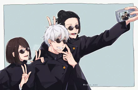 HD desktop wallpaper featuring Suguru Geto, Satoru Gojo, and Shoko Ieiri from the anime Jujutsu Kaisen, capturing Gojo and Geto taking a selfie together.