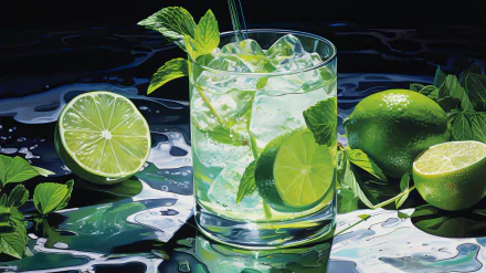 A refreshing mojito cocktail features mint and lime, served in a glass with ice, complemented by vibrant lime halves nearby. This HD image serves as an enticing desktop wallpaper.