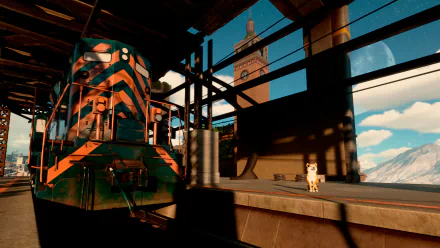 HD desktop wallpaper from the video game Only Up! featuring a futuristic train and platform in a mountainous setting.