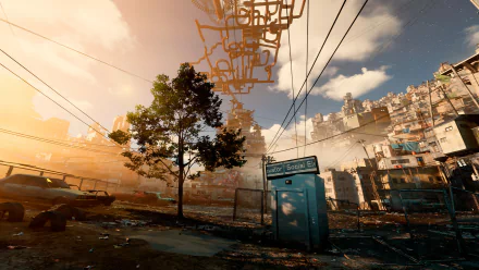 HD desktop wallpaper from the video game Only Up! featuring a dystopian urban scene with glowing sunlight and a blue phone booth.