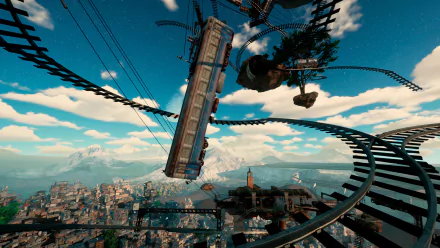 HD desktop wallpaper from the video game Only Up! featuring an upside-down bus on a looped track above a cityscape.