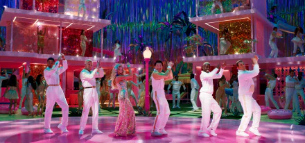HD wallpaper from Barbie (2023) showing Margot Robbie and Ryan Gosling in a vibrant dance scene with Simu Liu.