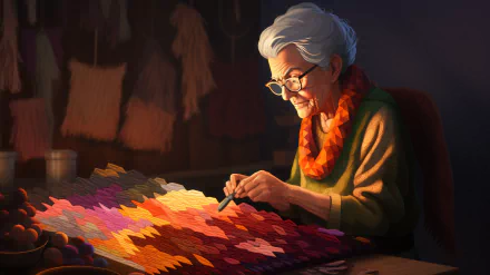 An elderly woman with glasses crafts vibrant colored patterns, surrounded by yarn. This HD wallpaper captures her warmth and creativity in a cozy, inviting setting.