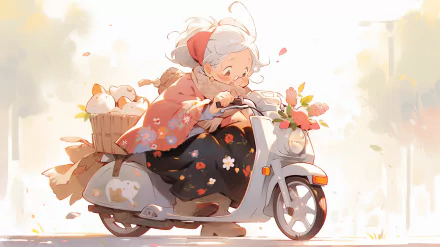 A charming illustration of a grandmother riding a scooter, adorned with flowers and a basket, set against a soft, light background. This HD image captures a joyful, whimsical moment.