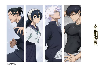 A vibrant HD wallpaper featuring characters Toji Fushiguro, Satoru Gojo, Riko Amanai, and Suguru Geto from the anime Jujutsu Kaisen, showcasing their unique styles and expressions.