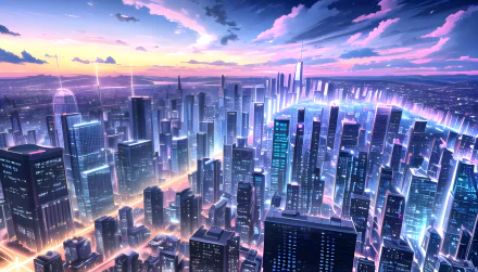 HD anime-style cityscape at sunrise with vibrant sky colors, showcasing a futuristic urban skyline created with AI art for a dynamic PC desktop wallpaper.