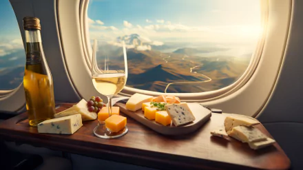 HD desktop wallpaper featuring a cheese and wine setup by an airplane window with a scenic mountain view in the background.
