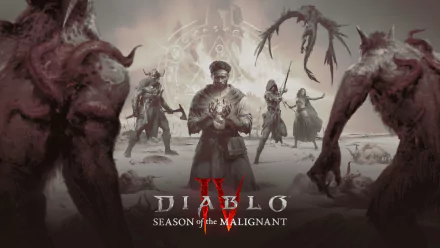 HD desktop wallpaper for Diablo IV, featuring a dramatic scene with a central character and menacing figures, titled Season of the Malignant.
