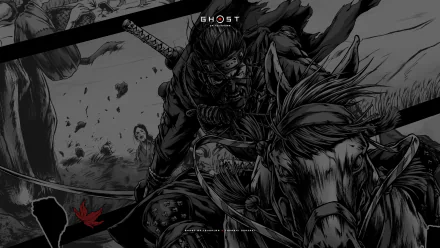 HD desktop wallpaper featuring a monochrome manga-style artwork of a warrior on horseback from the video game Ghost of Tsushima.