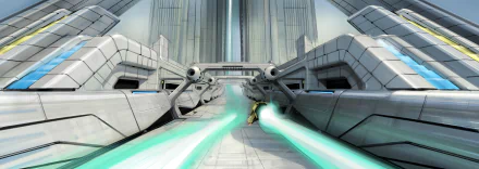 HD desktop wallpaper featuring a high-speed anti-gravity racing ship from WipEout Omega Collection video game with futuristic city architecture background.