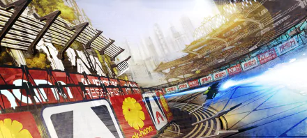HD desktop wallpaper from the video game Wipeout Omega Collection, featuring a futuristic racetrack with vibrant graphics and high-speed racing crafts.