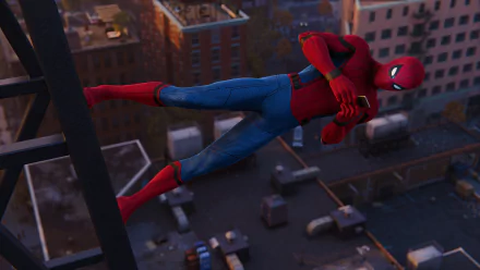 Spider-Man swings through the city in this 4K Ultra HD wallpaper from Marvel's Spider-Man Remastered, showcasing vibrant colors and dynamic action.